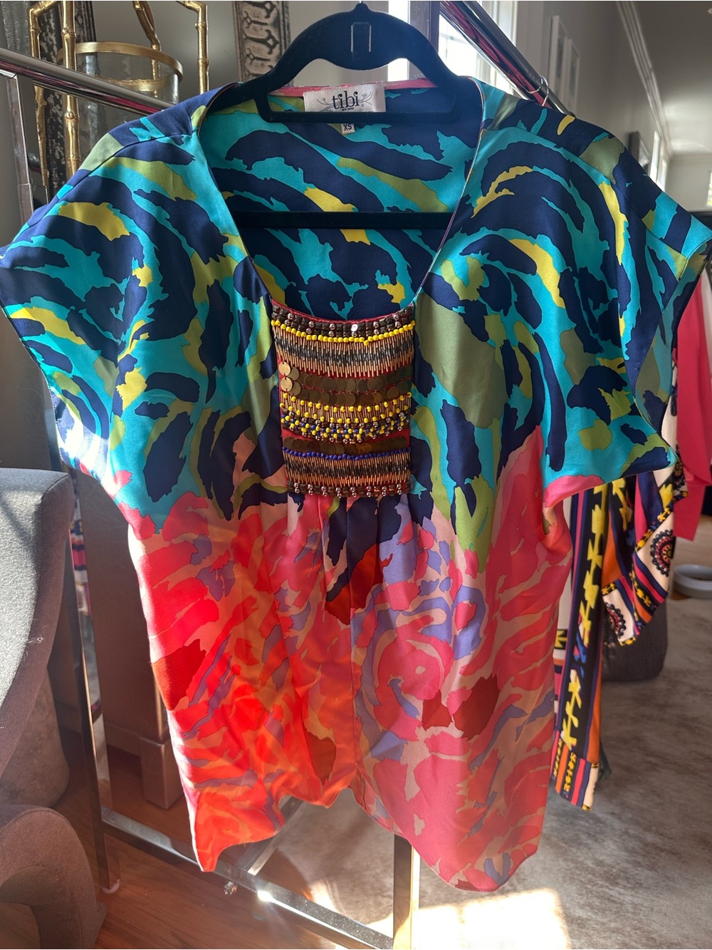 Tibi Multicolor Beaded Silk-Blend Floral Tunic in Teal, Navy, Lime & Coral